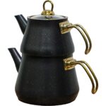 Yunusoğlu Home Siyah Granit Kaplama Cam Kapaklı Gold Kulplu Çaydanlık - Görsel 3