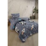 Formeya Tek Kişilik Çarşaflı Astronot Desenli Çift Taraflı Wellsoft Uyku Seti (Yorgan+Çarşaf+Yastık Kılıfı)