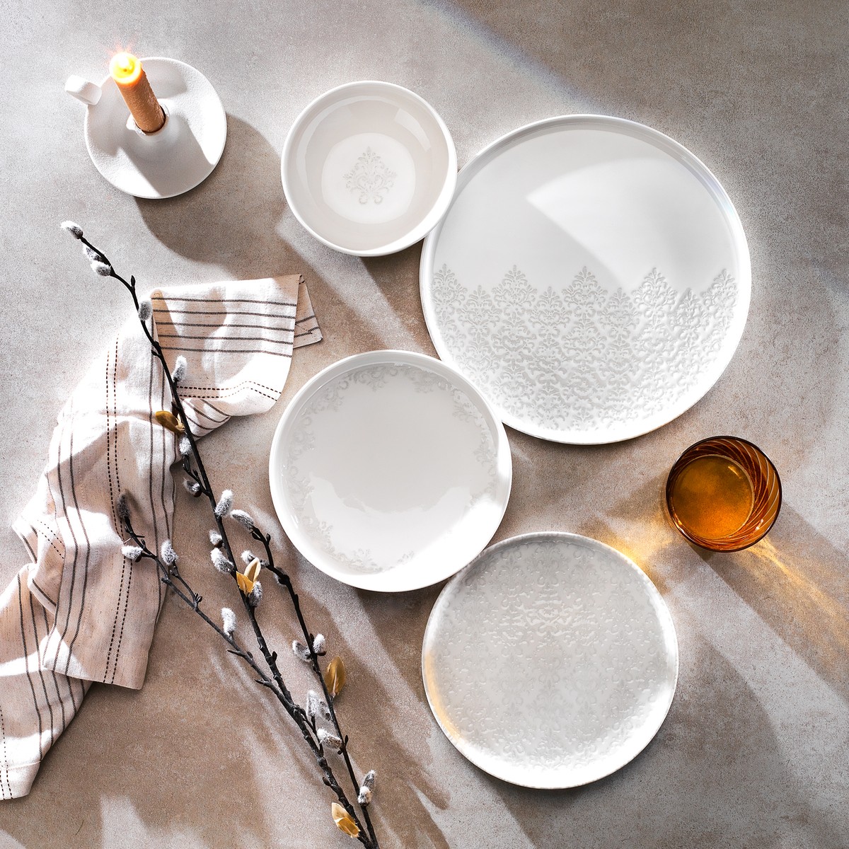 110000885260772.jpg Schafer Dolce Yemek Takımı 24 Parça Gri Porselen 6 Kişilik Desenli Sofra Seti - Görsel 1