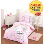 Özdilek Pembe Unicorn Lastikli Çarşaf Tek Kişilik Nevresim Takımı 5253