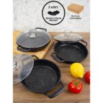 Esivitalia 6'lı Granit Sahan Seti Cam Kapaklı Döküm Siyah 18-20-22 cm