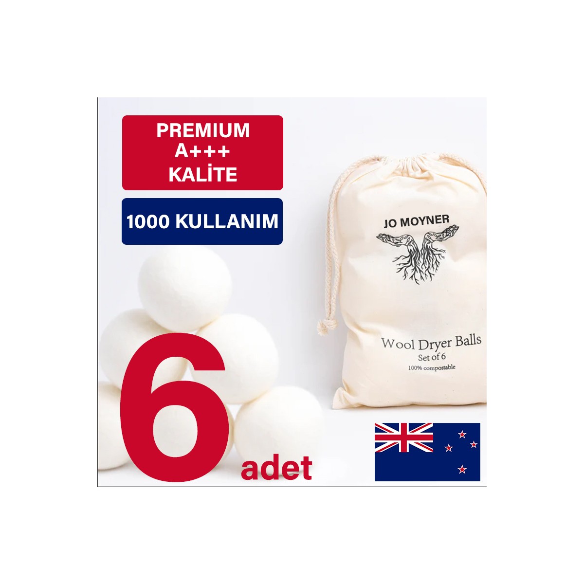 110000954491109.jpg Jo Moyner Ev Gereçleri Çamaşır Kurutucu Yün Çamaşır Kurutma Topu 6 Adet Doğal Yumuşatıcı Top - Görsel 1