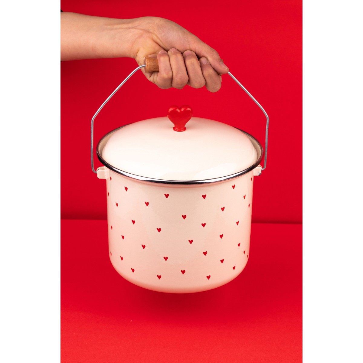 110000966516438.jpg Emaylab Cupid Kalp Desenli Emaye Yoğurt Tenceresi/ Çok Amaçlı Bakraç (20CM-3 Litre) - Görsel 1