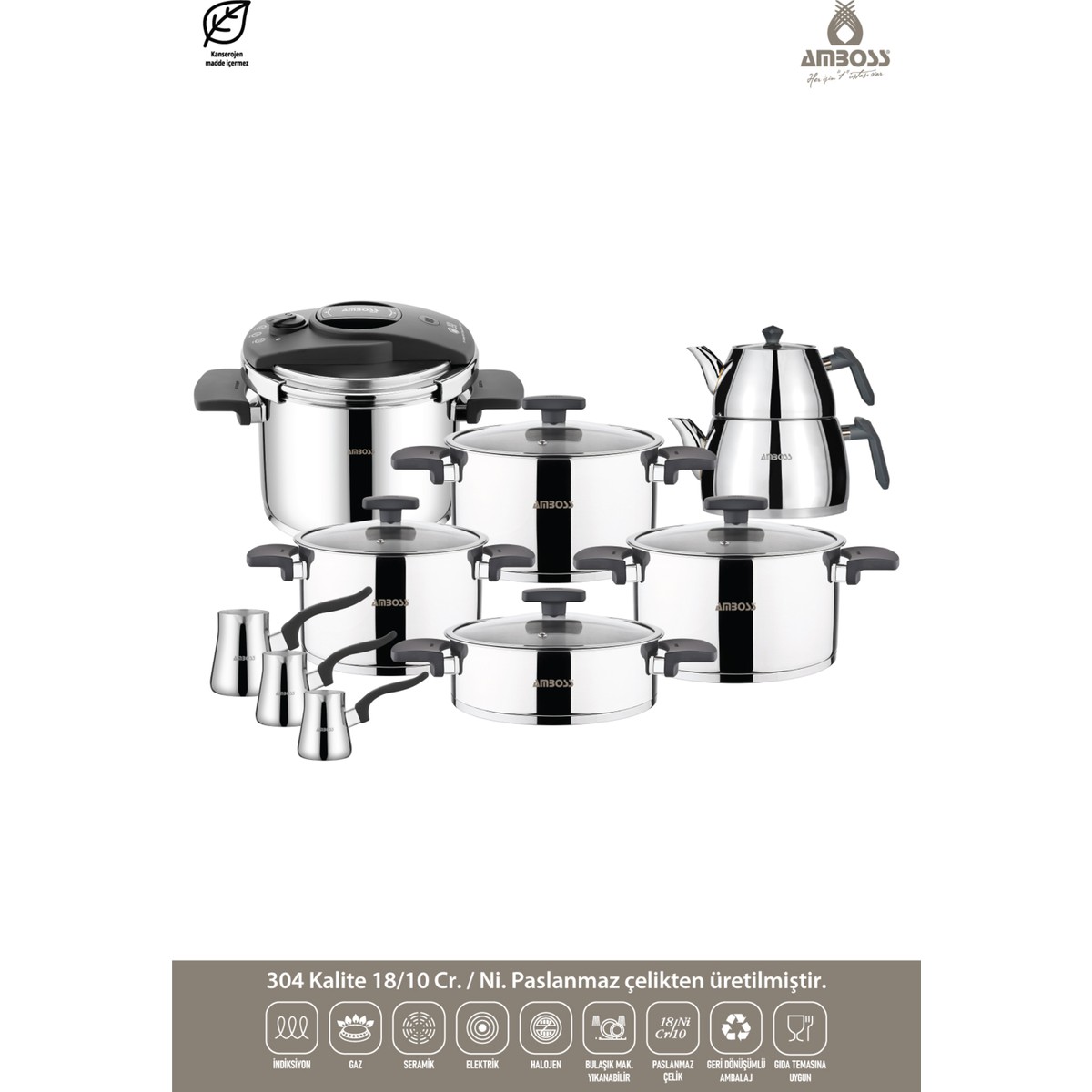 110000981090578.jpg Amboss Enio Paslanmaz Çelik İnduksiyon Tabanlı 18 Parça Çeyiz Seti - Gri - Görsel 1