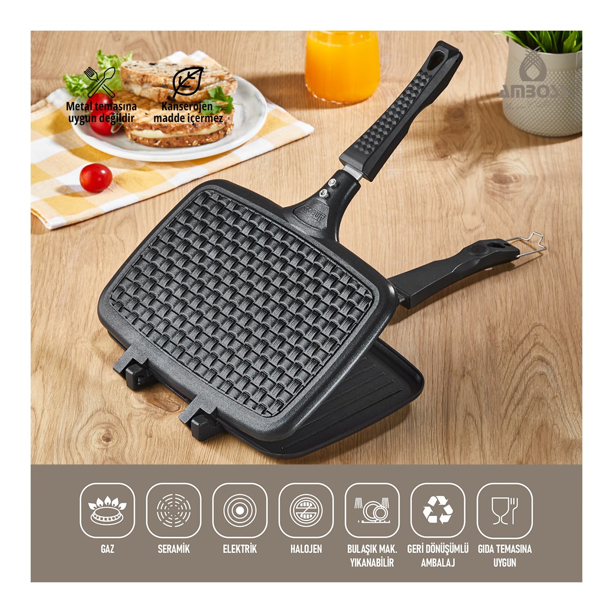 110000982213365.jpg Amboss Ambos KUV-0274 Kuvars Ocak Üstü Döküm El Tost Makinesi Siyah - Görsel 1