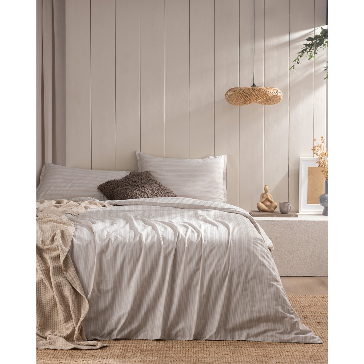 110000983585119.jpg Madame Coco Melicia Tek Kişilik Pamuklu Çizgili Saten Nevresim Takımı - Bej - Görsel 1