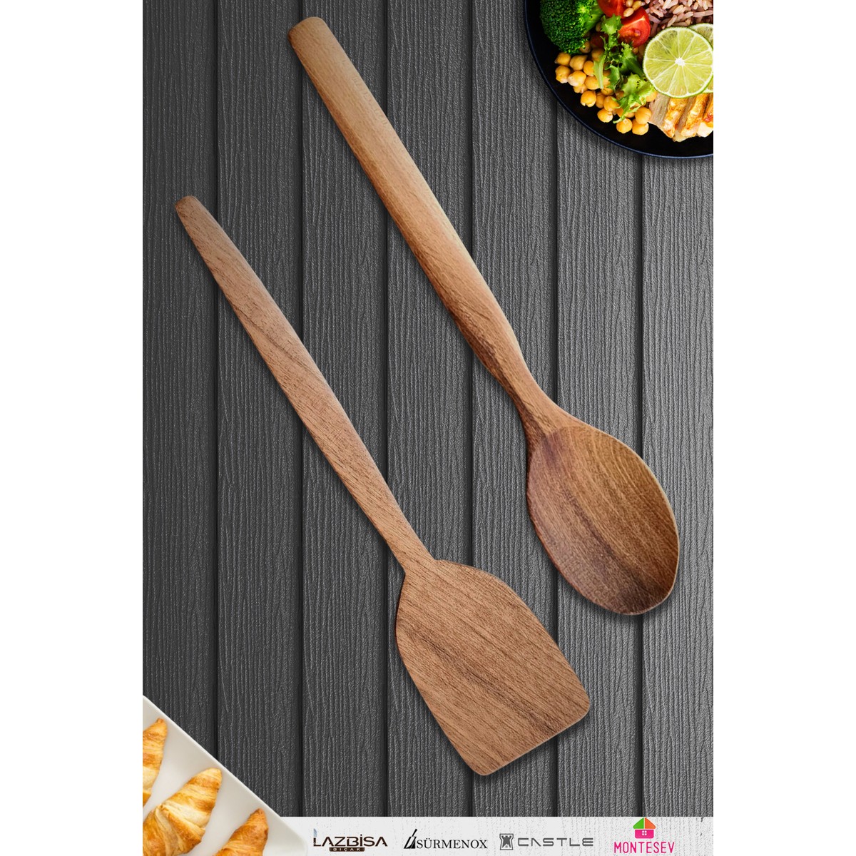 110000997611317.jpg Montesev Doğal Ceviz Ağacı Ahşap Tahta Kaşık Spatula Seti Ağaç Kaşık (2li Set) Mnt3 - Görsel 1