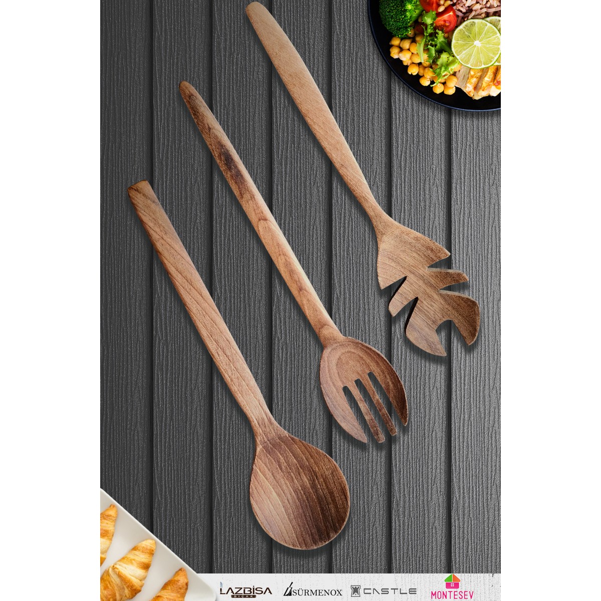 110000997631961.jpg Montesev Doğal Ceviz Ağacı Ahşap Tahta Kaşık Spatula Seti Ağaç Kaşık (3 Lü Set) Mnt7 - Görsel 1
