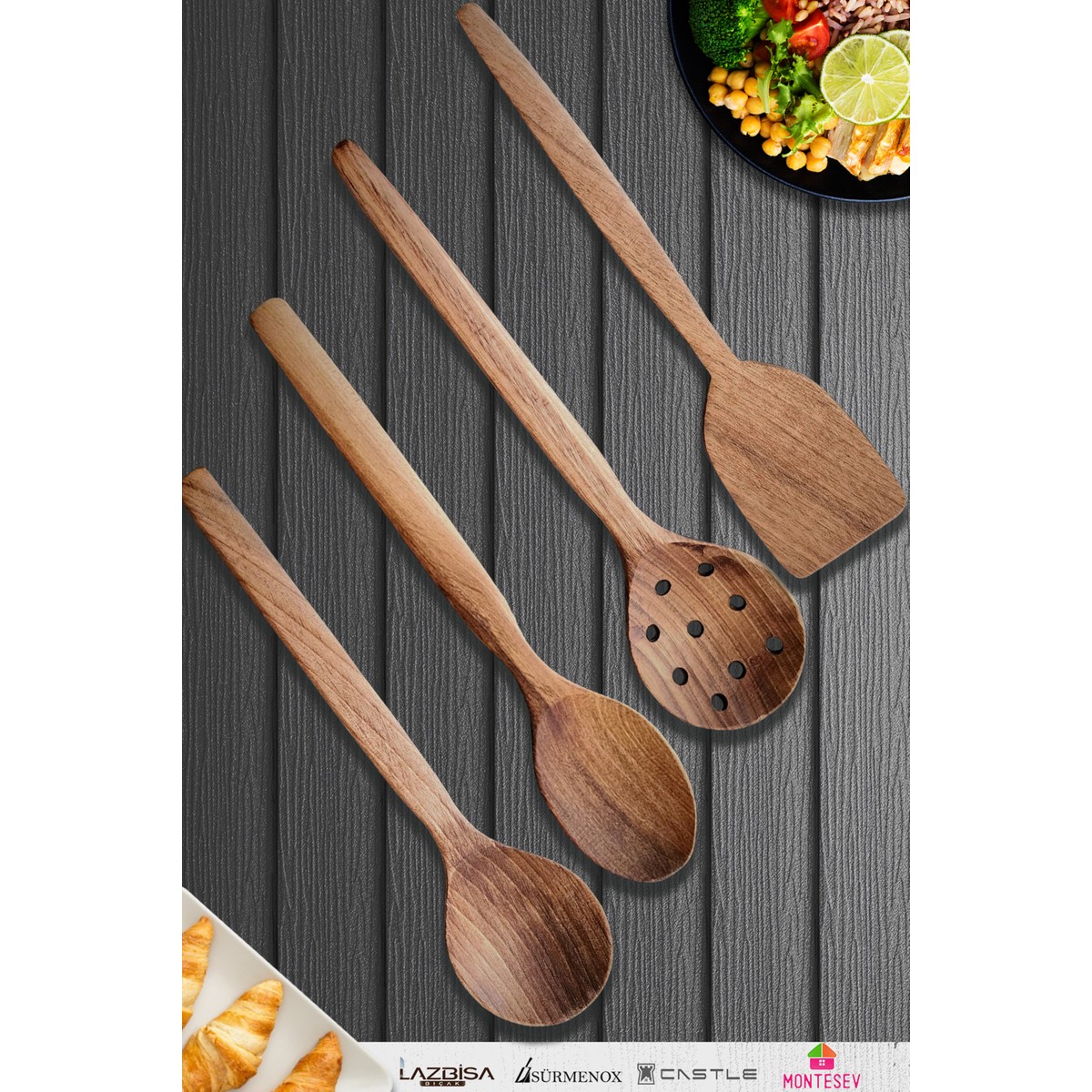 110000998168189.jpg Montesev Doğal Ceviz Ağacı Ahşap Tahta Kaşık Spatula Kevgir Çatal Seti Ağaç Kaşık (4 Lü Set) Mta1 - Görsel 1