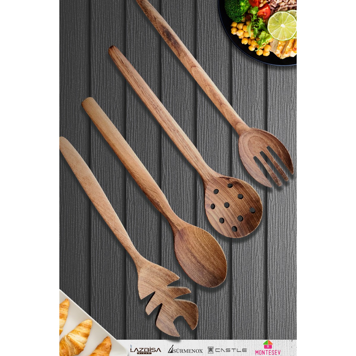 110000998168998.jpg Montesev Doğal Ceviz Ağacı Ahşap Tahta Kaşık Spatula Kevgir Çatal Seti Ağaç Kaşık (4 Lü Set) Mta3 - Görsel 1