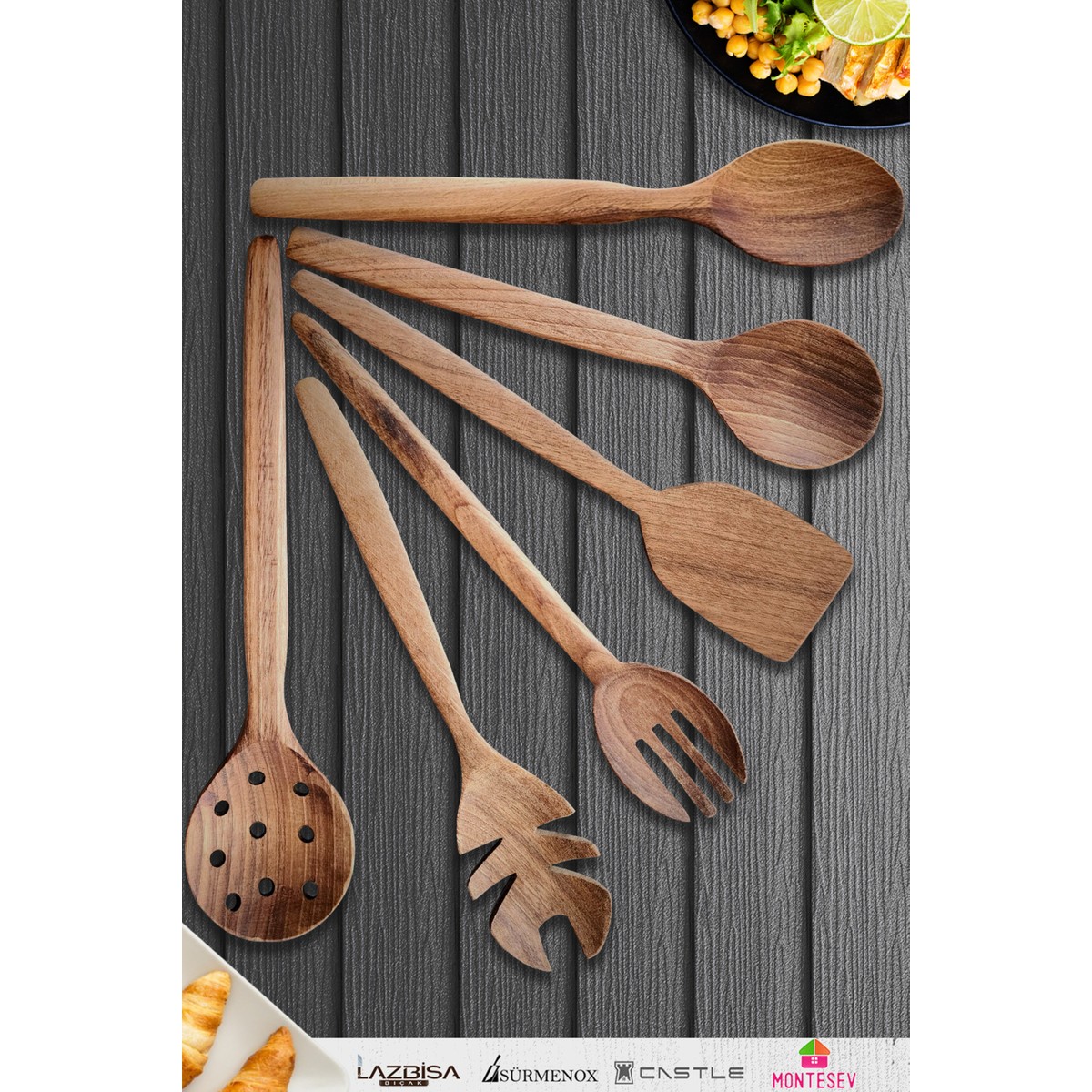 110000998186313.jpg Montesev Doğal Ceviz Ağacı Ahşap Tahta Kaşık Spatula Kevgir Çatal Seti Ağaç Kaşık (6 Lı Set) Mta8 - Görsel 1