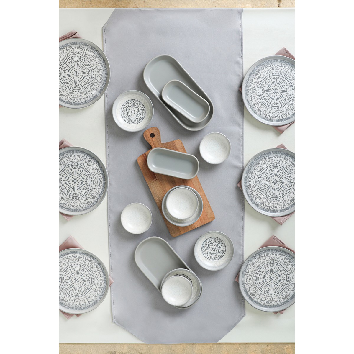 110000999591464.jpg Keramika Stone Seramik Kahvaltı Takımı 6 Kişilik 18 Parça Mat Gri Desenli Modern Tasarım - Görsel 1