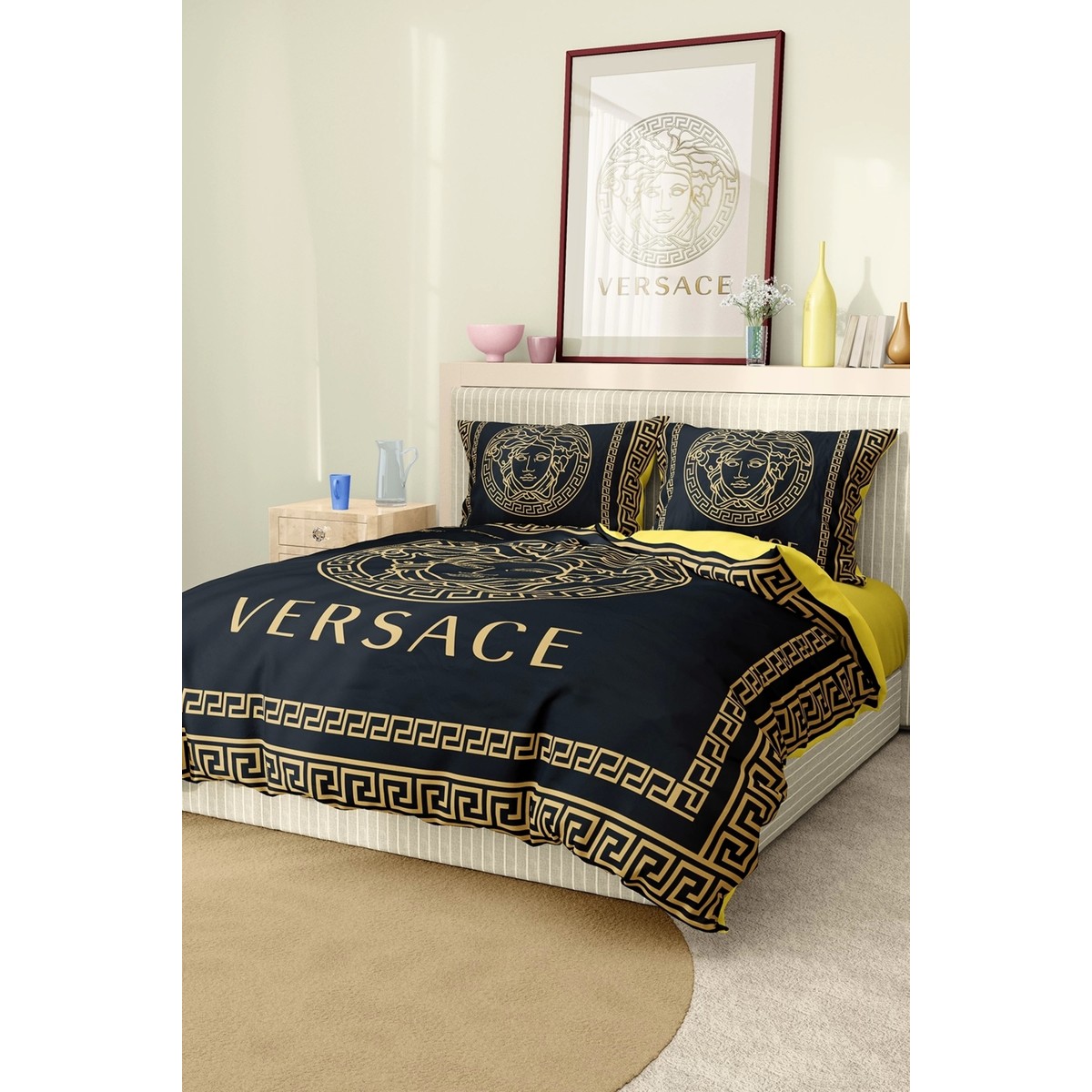 110001004589887.jpg Versace Marka Nevresim Takımı Çift Kişilik Pamuklu Saten Kumaş 6 Parça 3D Dijital Baskı Duvet Cover Set Model No:98 - Görsel 1