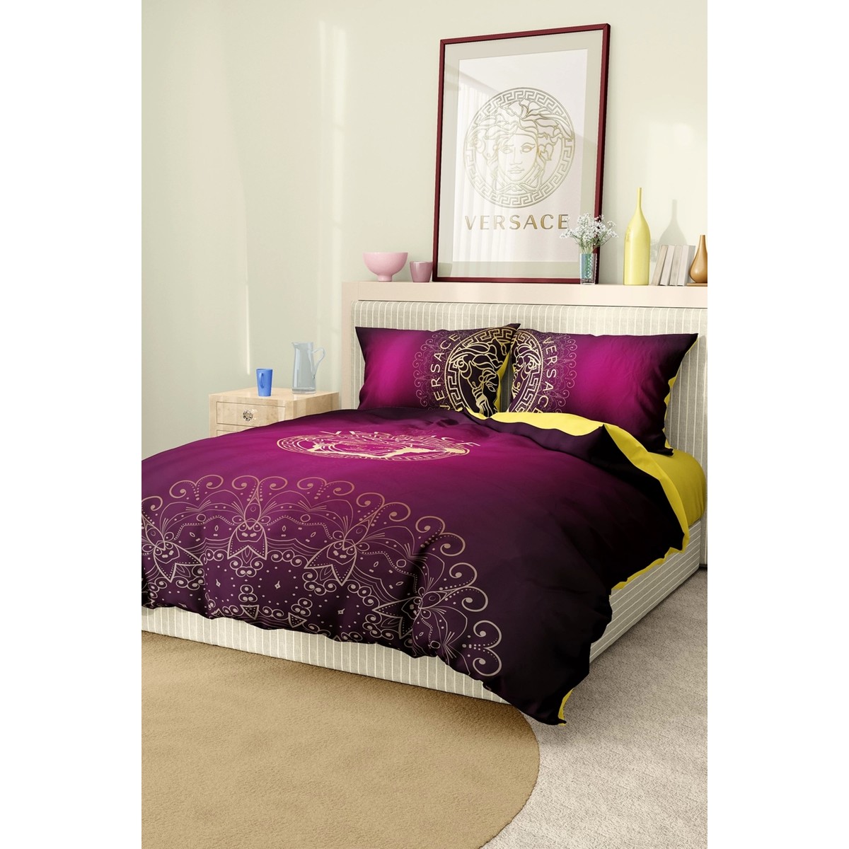 110001004590854.jpg Versace Marka Nevresim Takımı Çift Kişilik Pamuklu Saten Kumaş 6 Parça 3D Dijital Baskı Duvet Cover Set Model No:93 - Görsel 1