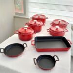 Lava Döküm Sekizli Tencere Tava Seti Trendy Kırmızı Silikon Tutacak Hediyeli - Görsel 2