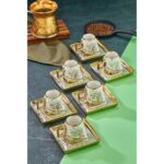 Cooker Yaldızlı 6'lı 180 ml Neskafe Fincan Takımı – Kare Tabaklı Lüks Porselen Büyük Kahve Fincanı – Modern Hediyelik Set