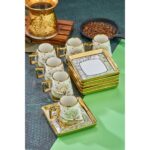 Cooker Yaldızlı 6'lı 180 ml Neskafe Fincan Takımı – Kare Tabaklı Lüks Porselen Büyük Kahve Fincanı – Modern Hediyelik Set - Görsel 2