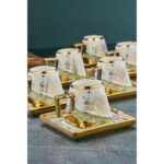 Cooker Yaldızlı 6'lı 180 ml Neskafe Fincan Takımı – Kare Tabaklı Lüks Porselen Büyük Kahve Fincanı – Modern Hediyelik Set - Görsel 4