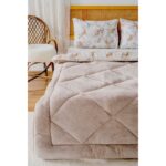 Riva İstanbul Bej Kelebek Loura Çift Kişilik Çift Taraflı Lüx Wellsoft Yorgan Seti 195x215 cm