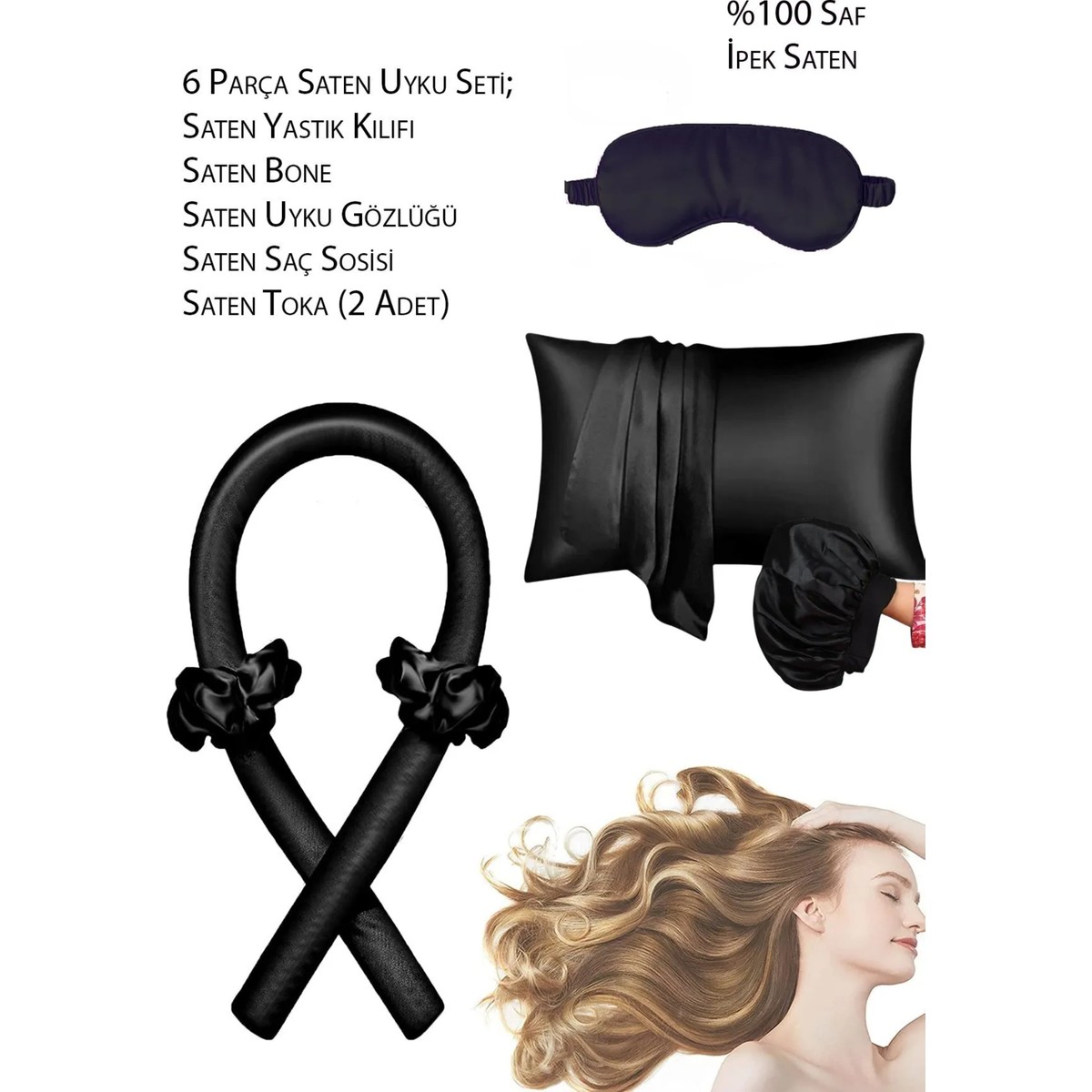 110001036843939.jpg Deko Dekor Pudra Pembe 6 Parça Uyku Seti Saten Yastık Kılıfı Bone Toka Saç Sosisi Uyku Gözlüğü - Görsel 1