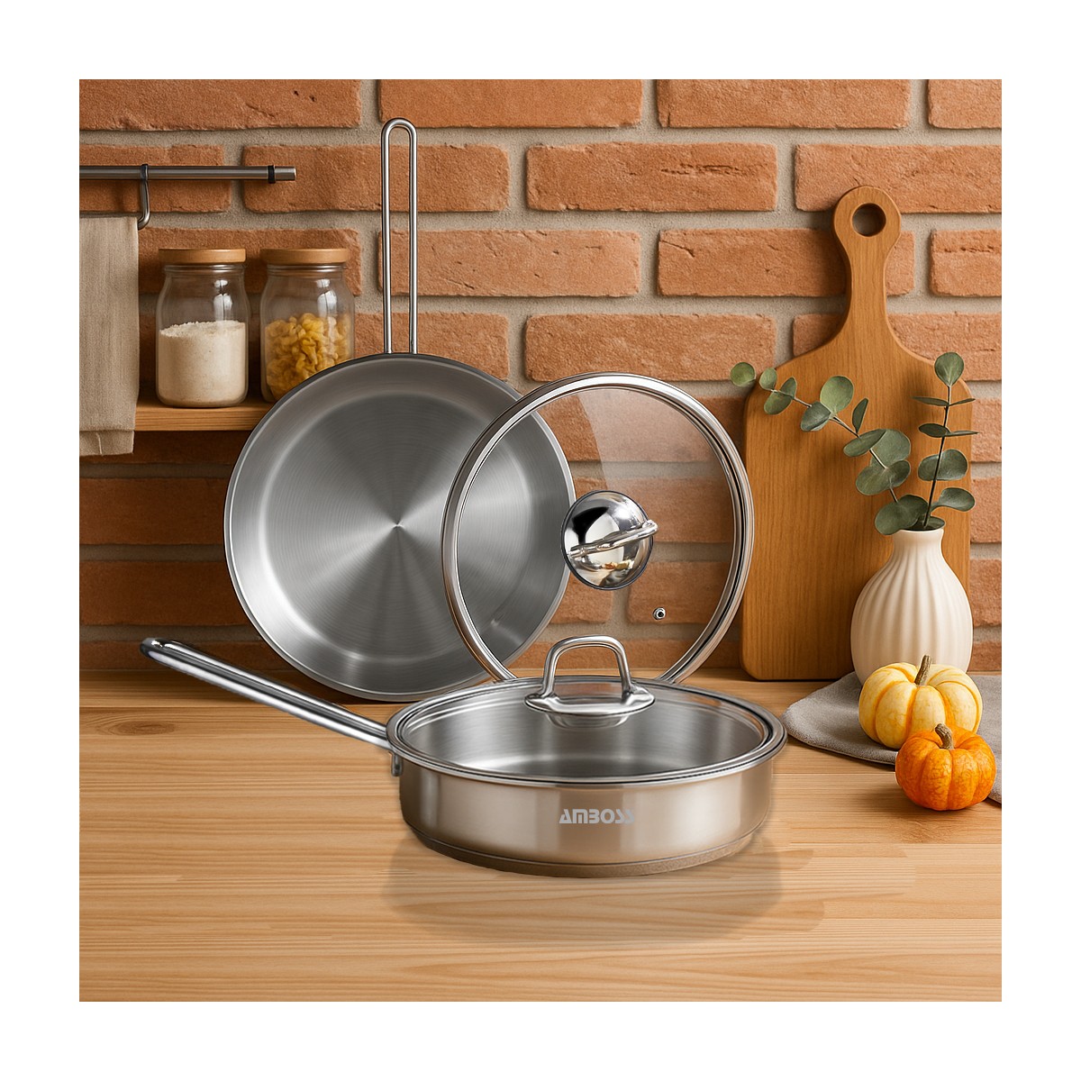 110001043741853.jpg Amboss Sofia 4 Parça Kapaklı Paslanmaz Çelik Tava Seti - Görsel 1