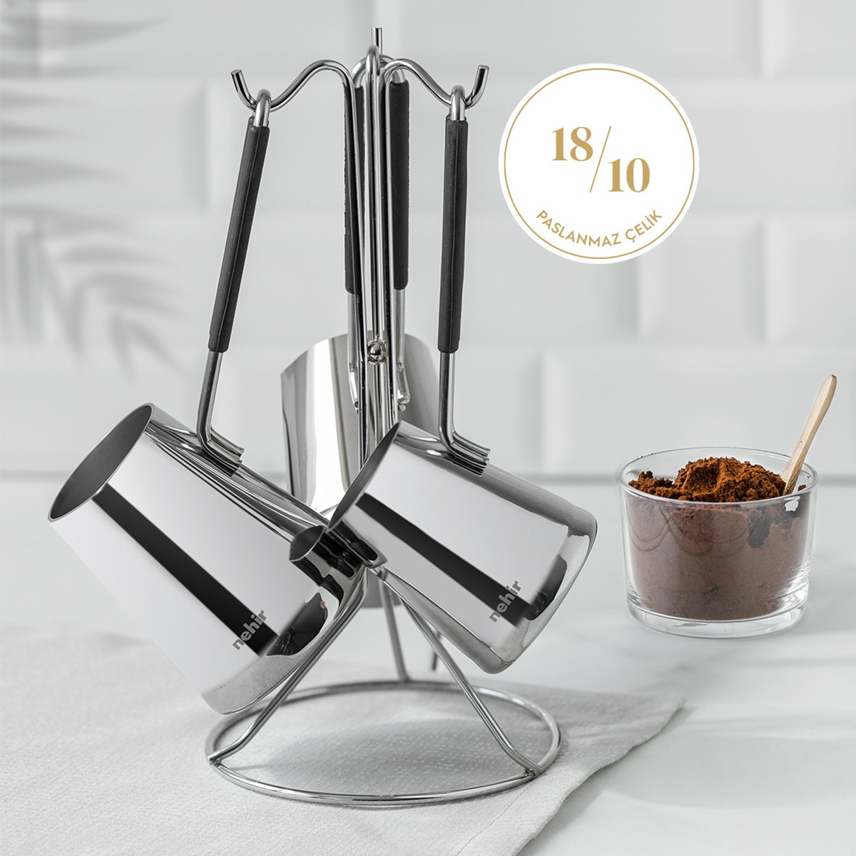 110001049285921.jpg Nehir Everest 4 Parça Standlı Paslanmaz Çelik Cezve Seti - Görsel 1
