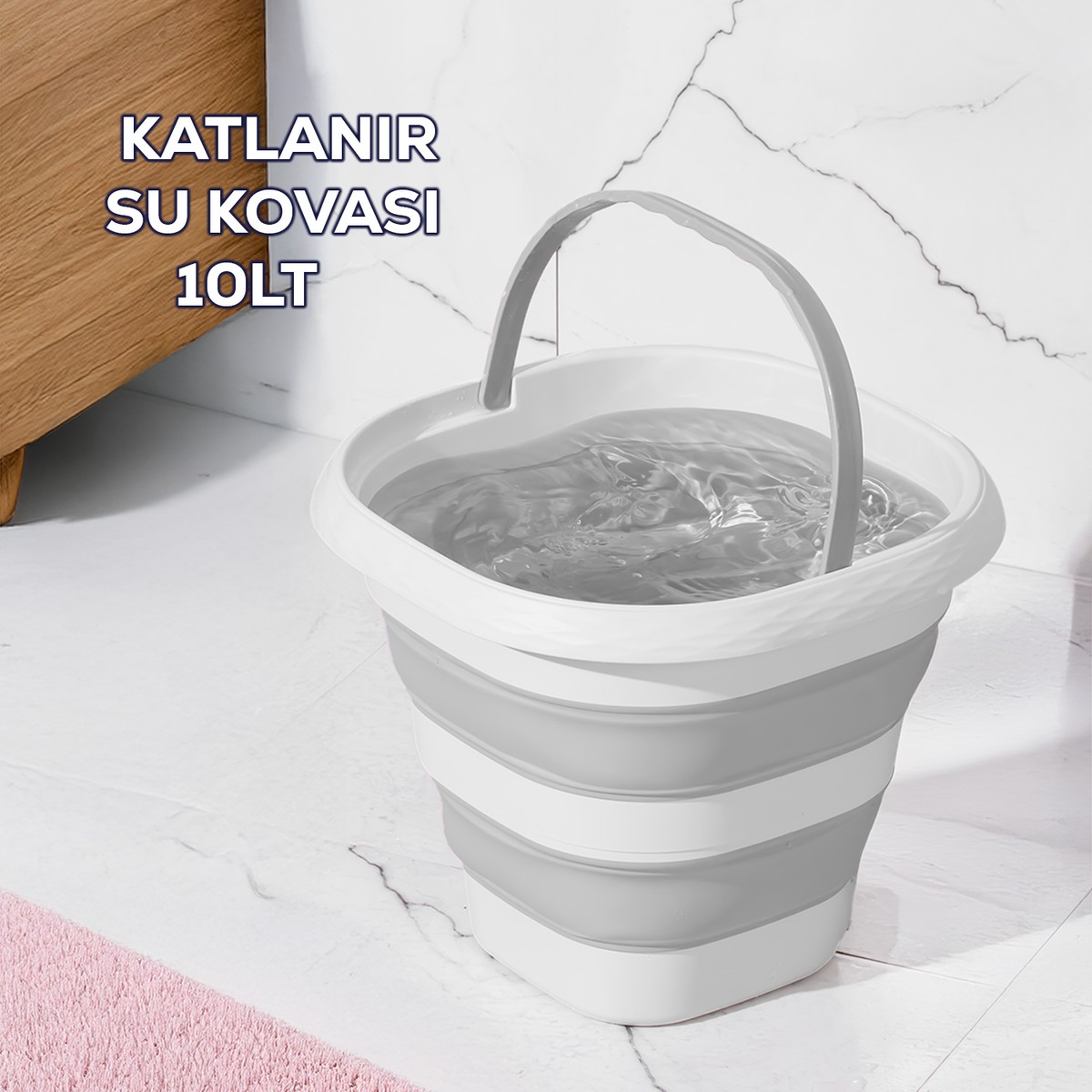 110001060294775.jpg Porsima 1175 Damla Katlanabilir Silikon Su Kovası 28X30CM Banyo Balkon Temizlik Kovası - 10 Lt Gri Beyaz - Görsel 1