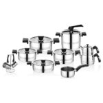 OMS 1119 - 18 Parça - Indüksiyonlu Ocak Uyumlu, Paslanmaz Çelik Çeyiz Seti, Gümüş Gövde, Siyah Detay