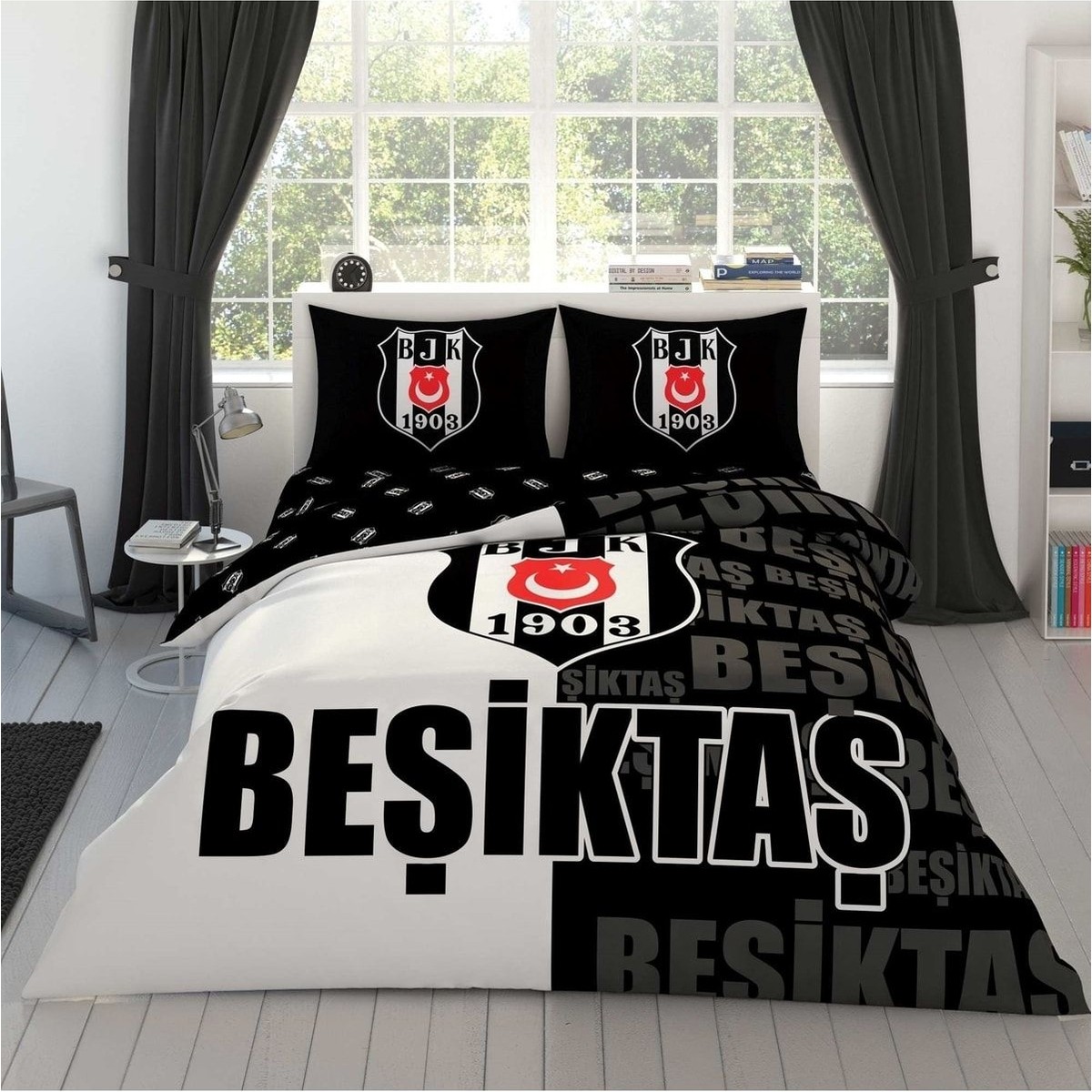 110001064618358.jpg Taç Lisanslı Beşiktaş Parçalı Logo Çift Kişilik Nevresim Takımı - Görsel 1