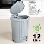 Meleni Home Bas Aç Kapaklı Çöp Kovası - Click Kapak Pedallı Çöp Kovası Banyo Mutfak Çöp Kovası 12 Litre Gri - Görsel 2
