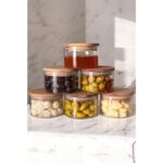 Noah Exclusive 400 ml  6'lı Borosilikat Cam Kahvaltılık Seti - Sızdırmaz Silikonlu Bambu Kapak - 90 x 70 mm (X6)