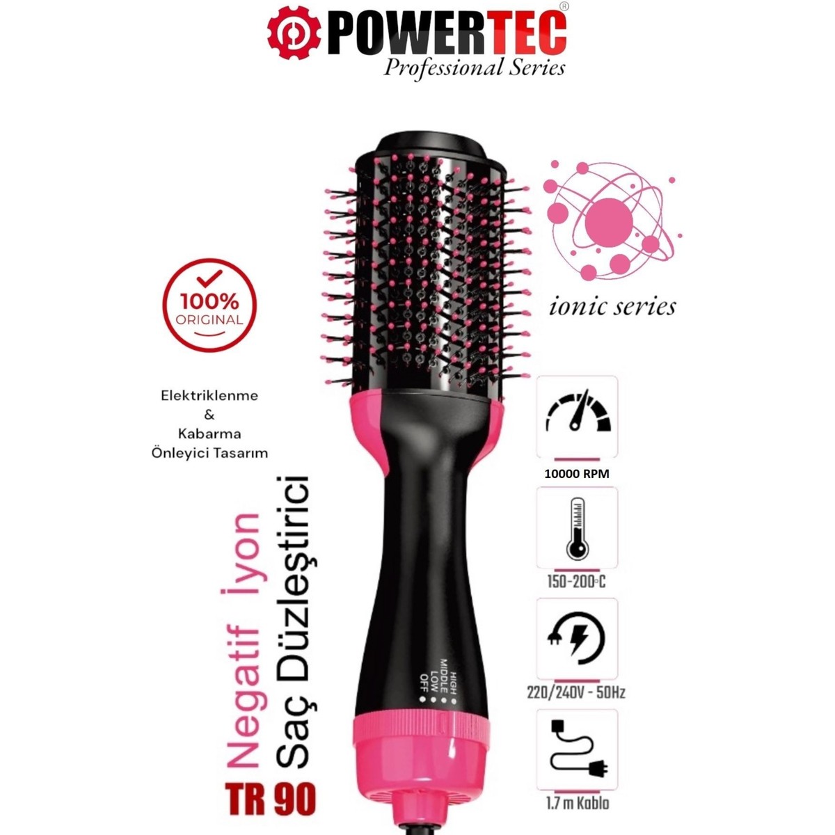 110001103564802.jpg Powertec Tr-90 Profesyonel Saç Şekillendirici ve Saç Düzleştirici Fön Tarağı Iyon Özellikli - Görsel 1