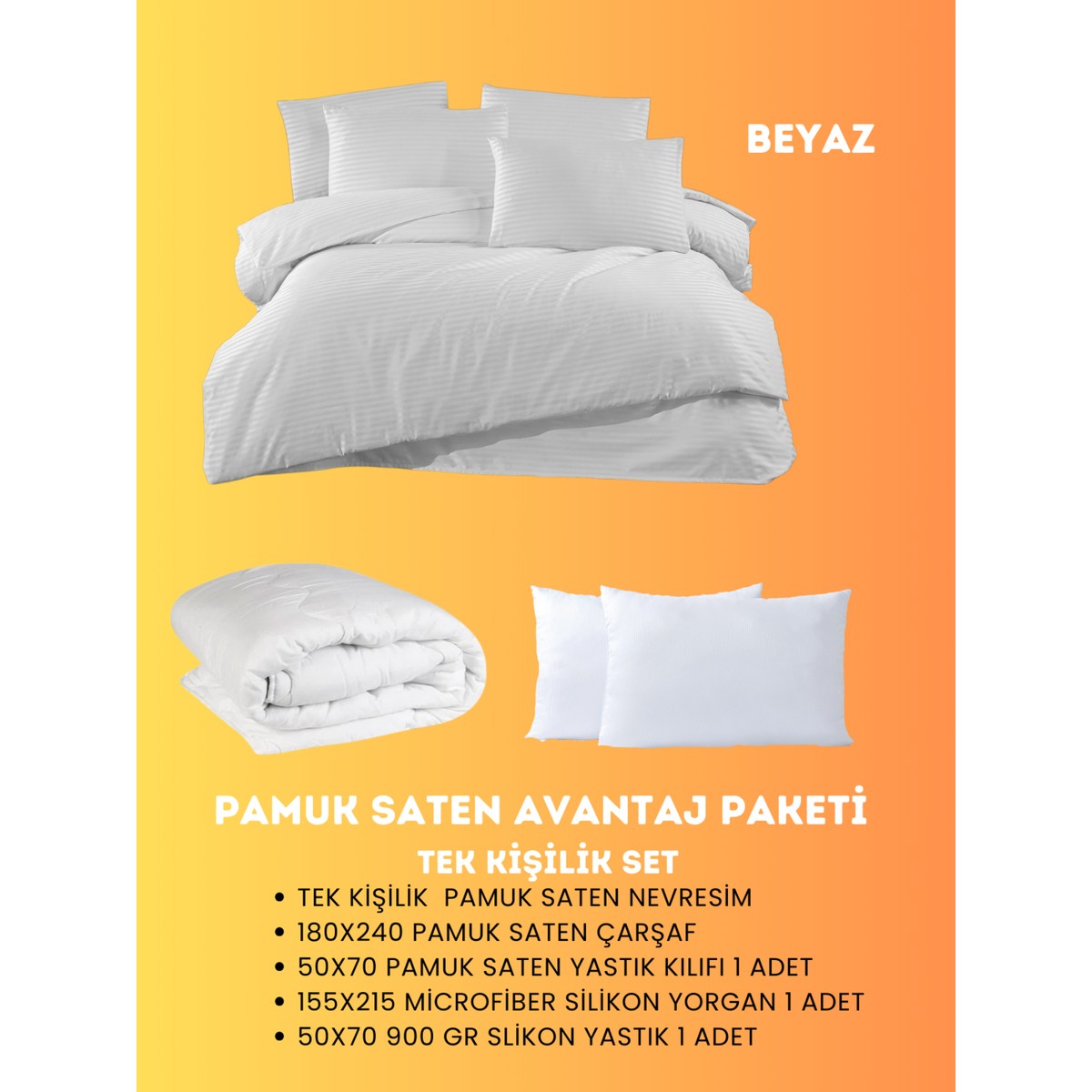 110001111560484.jpg Merya Tek Kişilik Saten Avantaj Paket Beyaz - Görsel 1