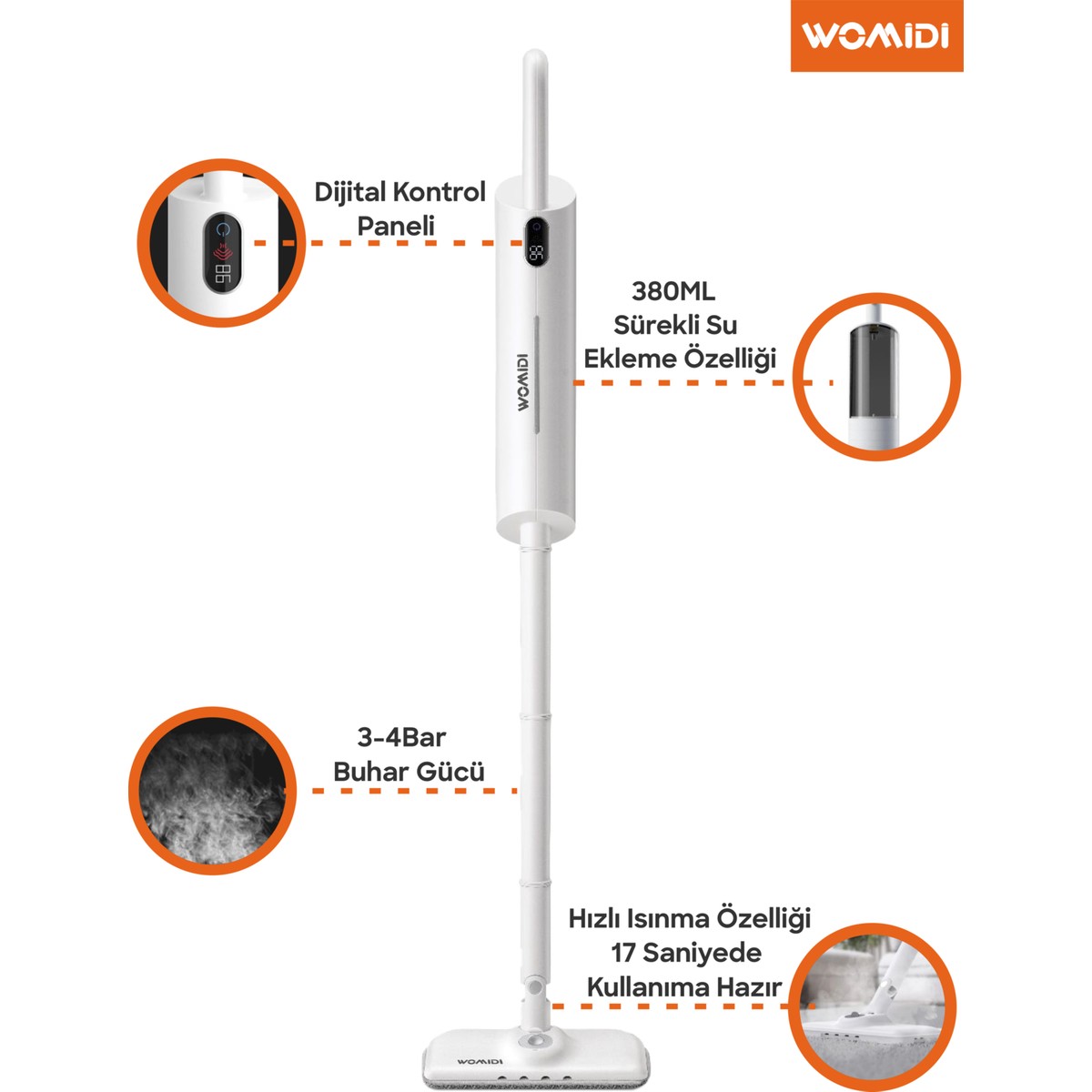 110001126281177.jpg Womidi Bm1 Çok Fonksiyonlu 13 Parça Buharlı Dikey Paspas ve Temizleyici - Buharlı Mop - Dijital Ekranlı Buharlı Temizlik Makinesi - Görsel 1