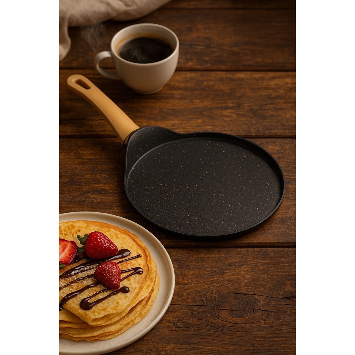 110001138301324.jpg YUNUSOĞLU HOME Siyah Granit Krep Tavası 24 cm – Yanmaz Yapışmaz Yüzeyli, Ergonomik Saplı Döküm Krep Tava - Görsel 1