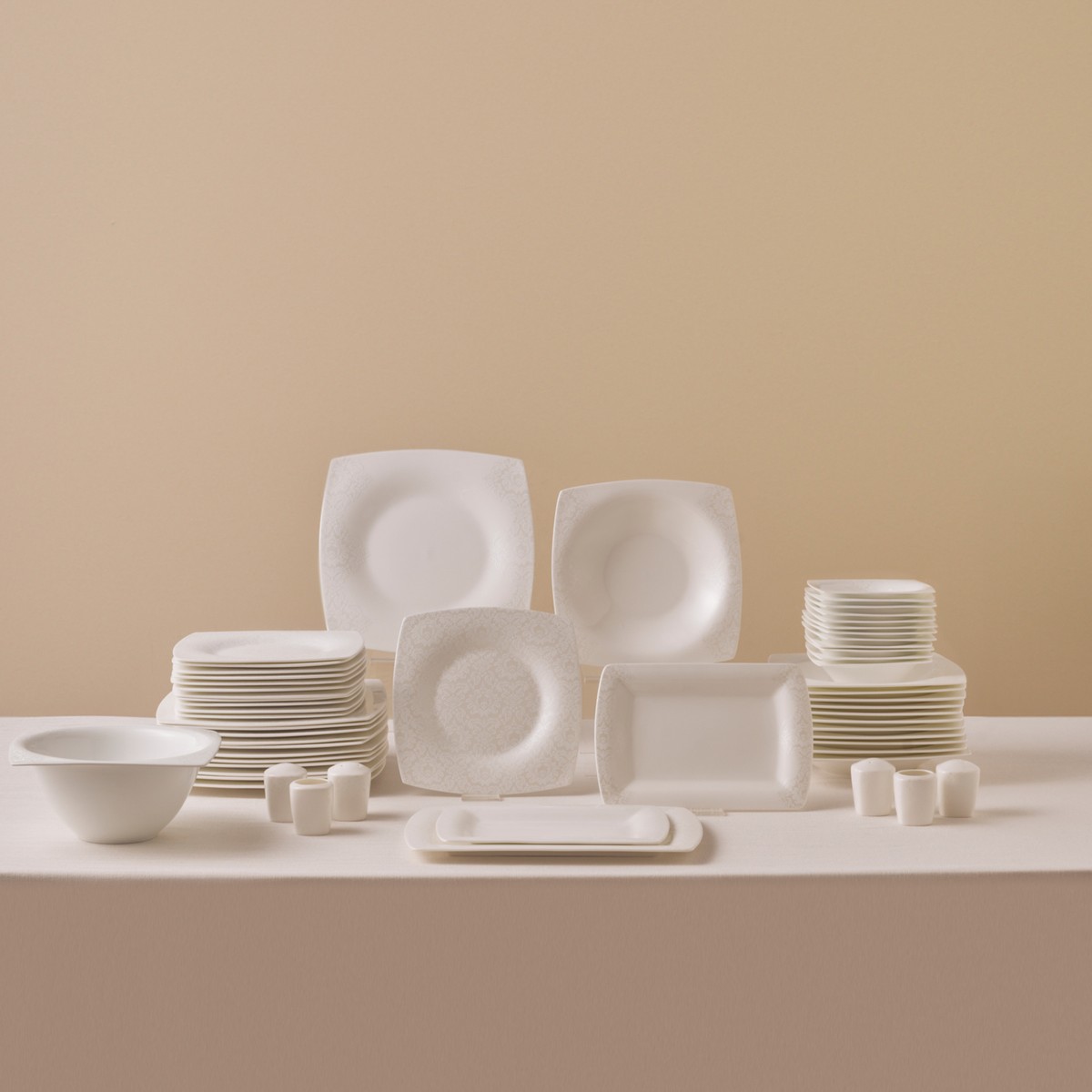 110001145324052.jpg Karaca Fine Pearl Helen 62 Parça 12 Kişilik Beyaz Porselen Kare Tabaklı Şık Yemek Takımı - Görsel 1