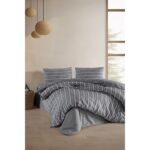 Varol Lastikli Saten Çizgili Çift Kişilik Nevresim Takım - Antrasit