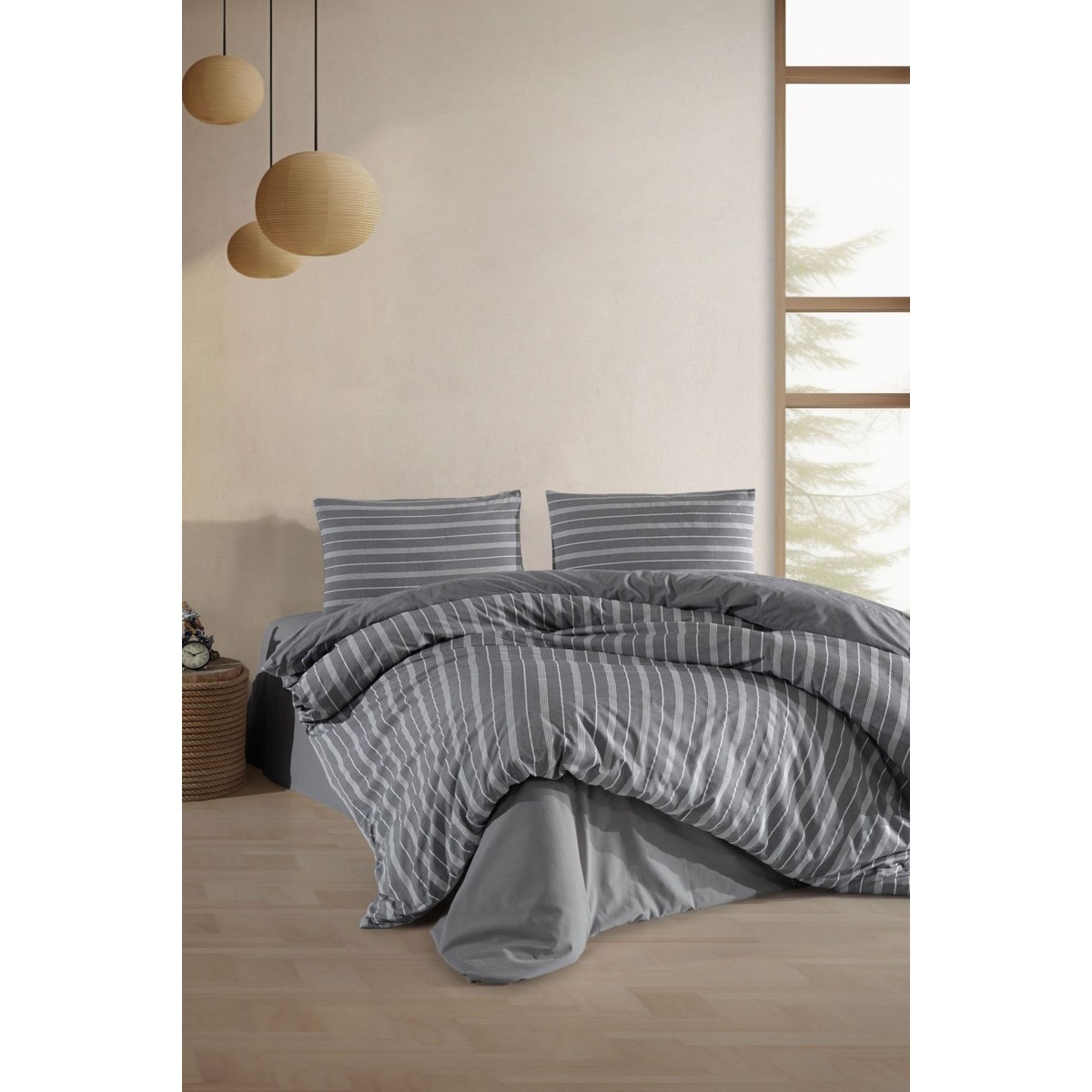 110001151673077.jpg Varol Lastikli Saten Çizgili Çift Kişilik Nevresim Takım - Antrasit - Görsel 1