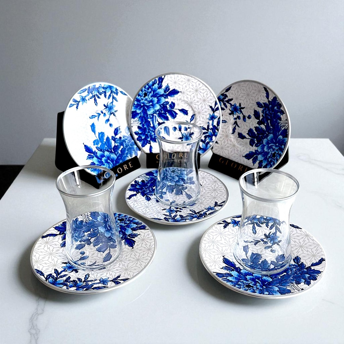 110001174122566.jpg Türk Motifli 6'lı Mavi Porselen Tabaklı Çay Bardağı Takımı - Sudedi Home - Görsel 1