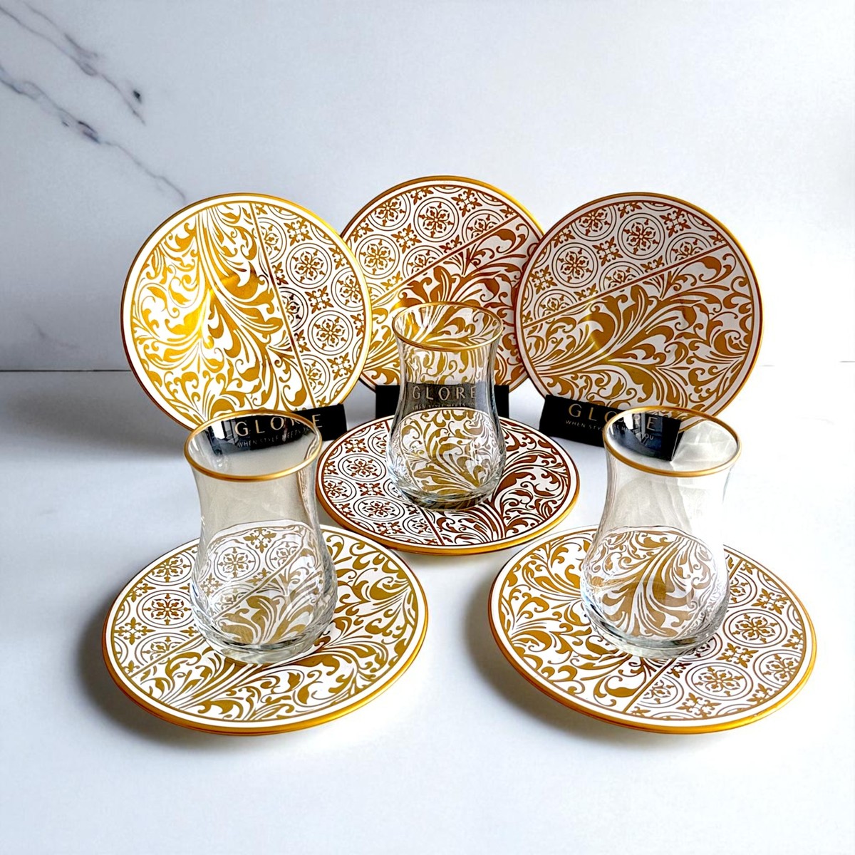 110001174205323.jpg Altın Varaklı ve Desenli 6'lı Porselen Tabaklı Çay Bardağı Takımı - Sudedi Home - Görsel 1