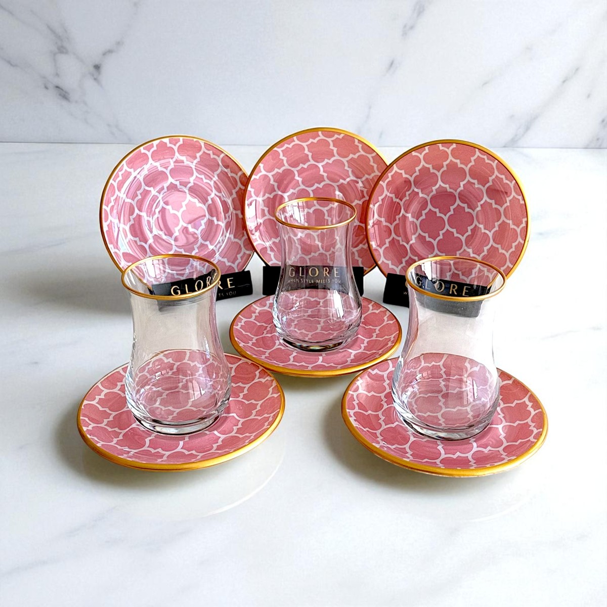 110001174213076.jpg Pembe Geometrik Desenli 6'lı Cam Tabaklı Çay Bardağı Takımı - Sudedi Home - Görsel 1