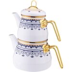 Bambum Emaye Çaydanlık Seti Bambu Desenli Yüksek Isıya Dayanıklı 1 lt Demlik 2 lt Alt Isıtıcı - Görsel 3