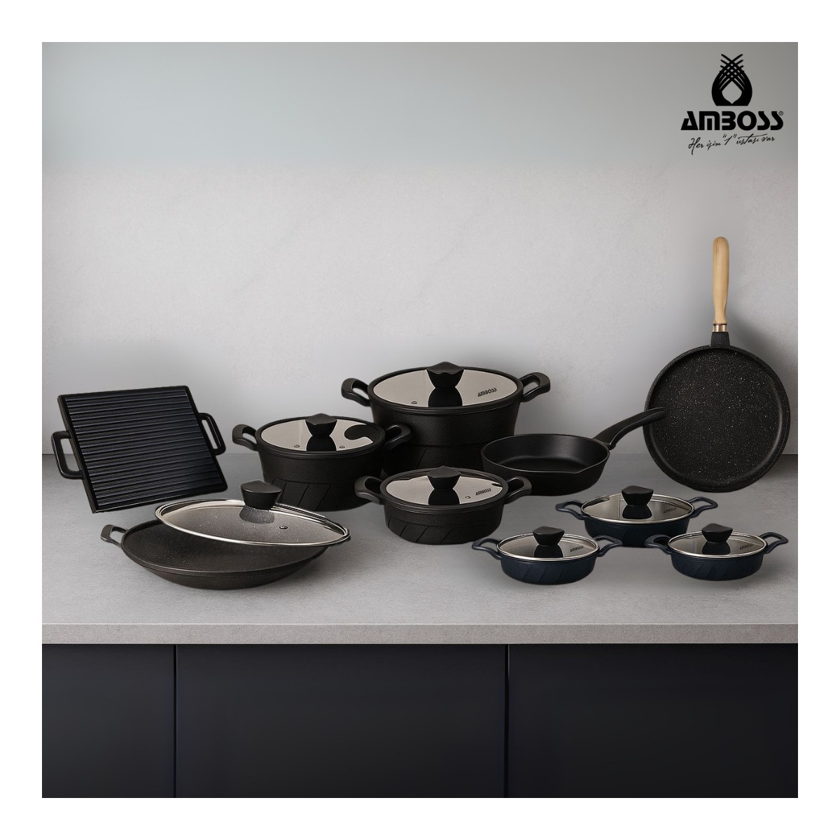 110001176605210.jpg Amboss Elegance 17 Parça Döküm Tencere Tava Sahan Çeyiz Seti - Görsel 1