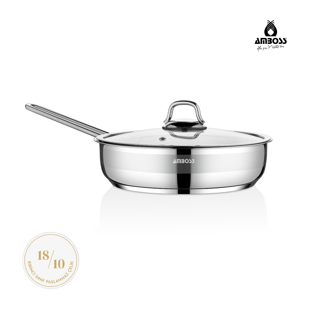 110001183724252.jpg Amboss Saphire Paslanmaz Çelik 26 cm Cam Kapaklı Çelik Tava - Görsel 1