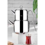 Taç Hera Jumbo Paslanmaz Çelik Çaydanlık Takımı 2,2 L + 4,2 L Platin Renk Tüm Ocak Tiplerine Uygun - Görsel 2