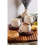 Perotti Dark Balkabağı 6'lı Akasya Tabaklı Modern Porselen Kahve Fincanı Seti