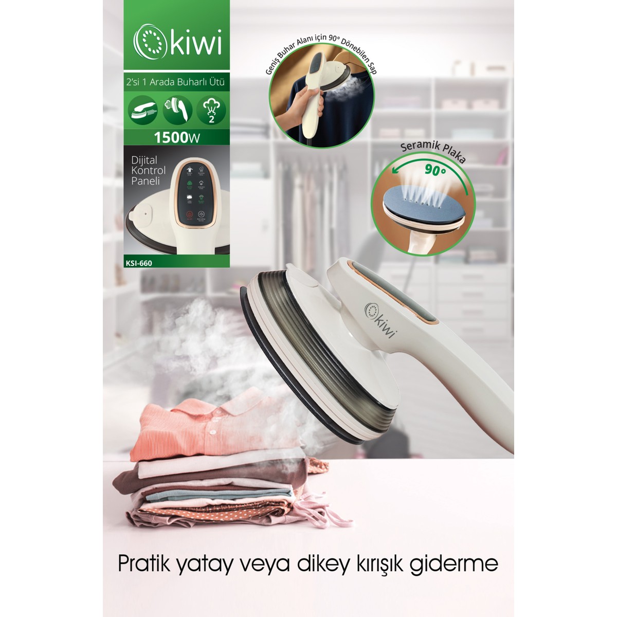 110001211378707.jpg Kiwi KSI-660 2'si 1 Arada Buharlı Ütü – 1500W Güçlü, LED Ekranlı, 90° Dönebilen Saplı - Görsel 1