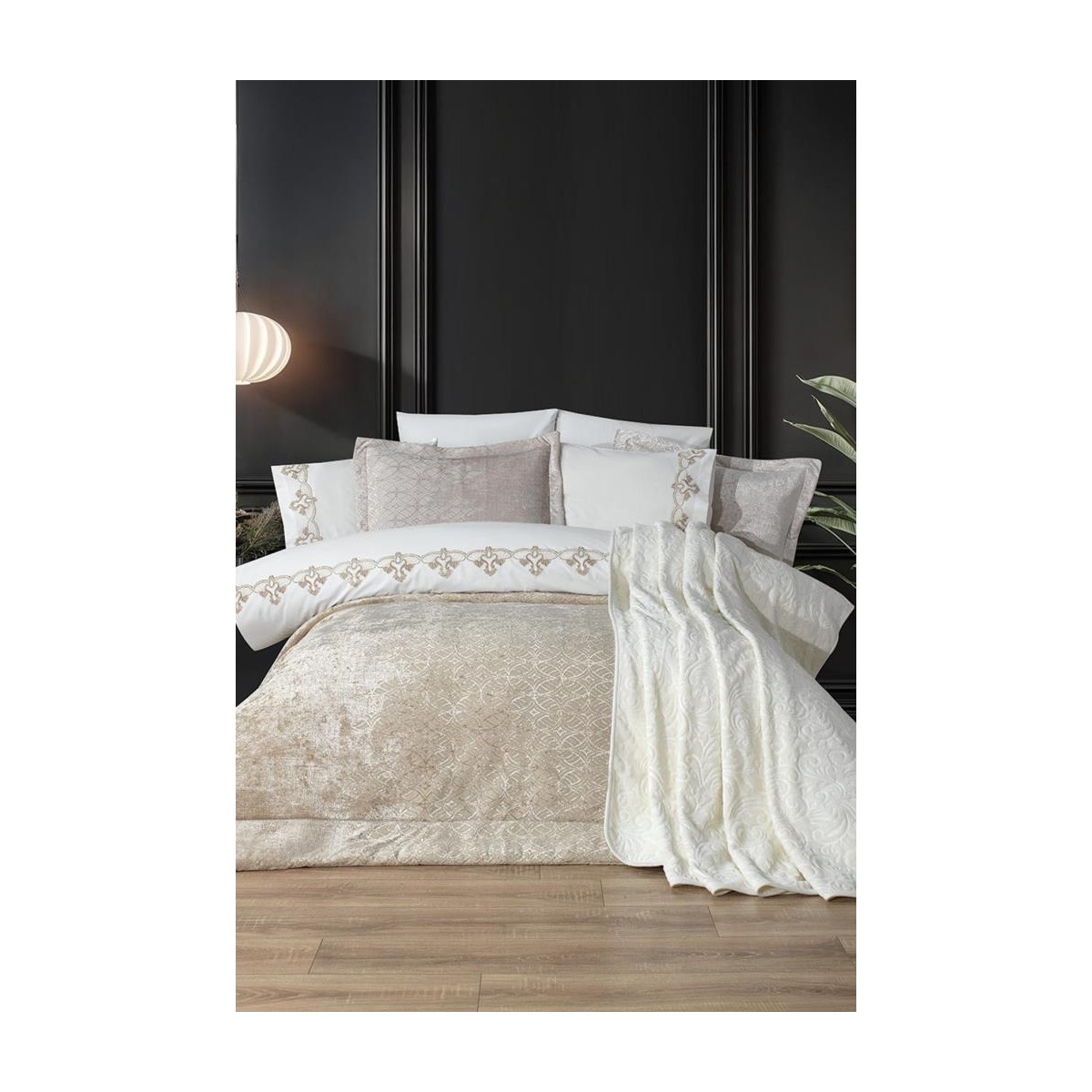 110001212658448.jpg Çeyiz Diyarı Opal 10 Parça Battaniyeli Çeyiz Seti Bej - Görsel 1