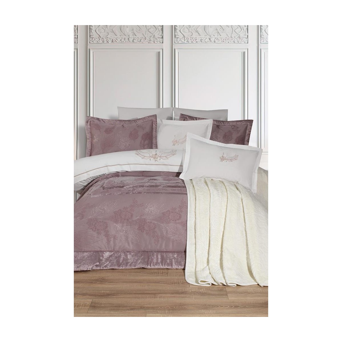 110001214878427.jpg Çeyiz Diyarı Gözde 10 Parça Battaniyeli Çeyiz Seti Gül Kurusu - Görsel 1