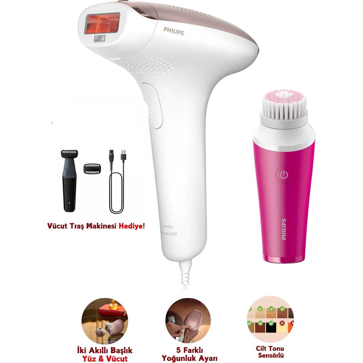 110001215435999.jpg Philips Lumea Ipl Tüy Alma Cihazı, Çantalı, Yüz Temizleme Cihazı Hediyeli + Tıraş Makinesi, Yüz/vücut/hassas Bölge Kullanımı, Cilt Tonu Sensörü ile Güvenli Epilasyon + Lambader (Onerous) - Görsel 1